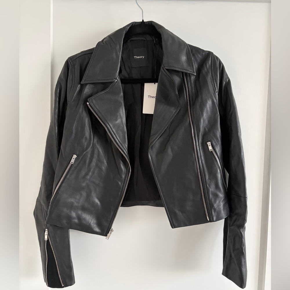 Theory New Moto Jacket Genuine Leather Black Zip Biker Jacket NWT Size P